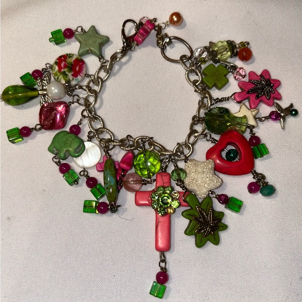 Pink & Green Chunky Charm Bracelet with Cross and Heart Accents